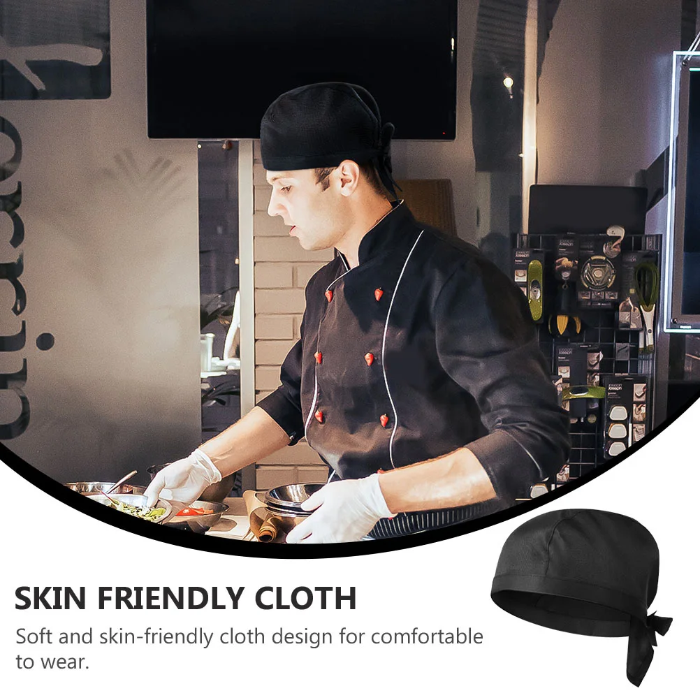 2pcs Chef Turban Cap Black Kitchen Hat Adjustable Ribbon Suitable for Chefs Cooks Catering Skull Cap Soft Cloth Design One Size