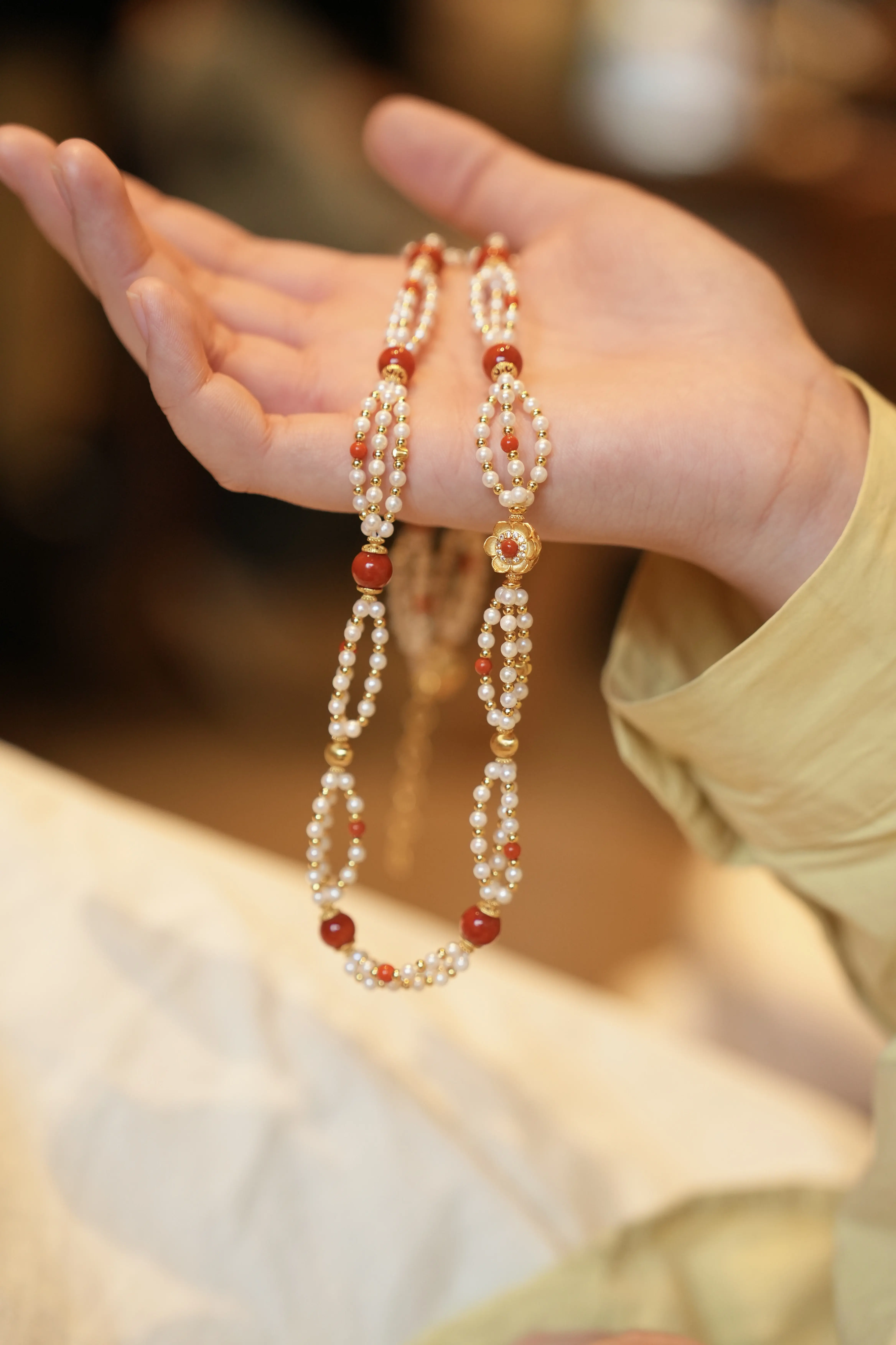 

Natural Freshwater Pearl Necklace, Aurora Pearl & Red Agate Sweater Chain, Versatile Jewelry Gift