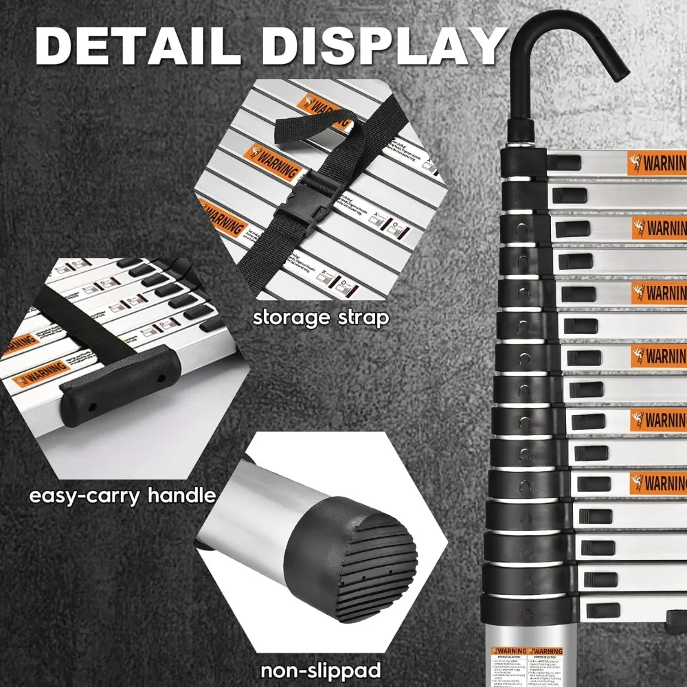 Aluminum Lightweight Telescoping Ladder 15.5 Feet with Hook, 2 Triangle Stabilizers, Max Load 330lbs, Heavy Duty Extension Ladde