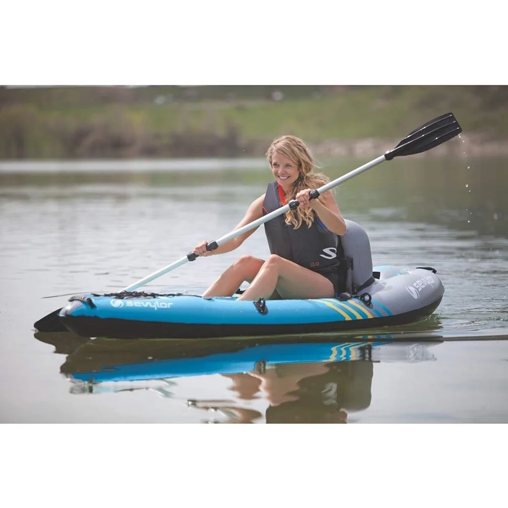 

1-Person Inflatable Kayak Folds Into Backpack With 5-Minute Setup 21-Gauge PVC Construction; Hand Pump & Paddle Included Cayak