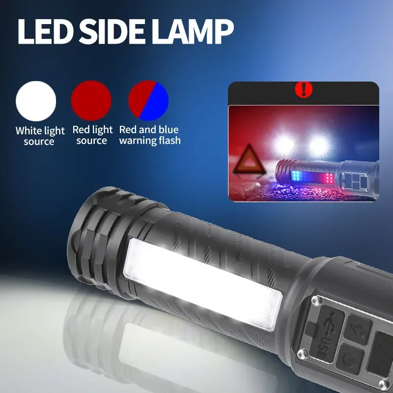 Luz Blanca fuerte de 30W, linterna ABS de larga distancia, admite Salida de iluminación exterior con linternas de luz roja y azul