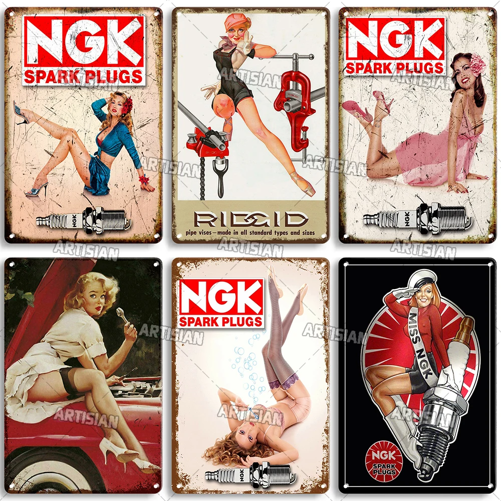 Pin Up NGK Girl Metal Poster Decorative Plate Garage Sexy Girl Metal Tin Sign Home Bar Club Metal Plaque Rusty Indutrial Decor