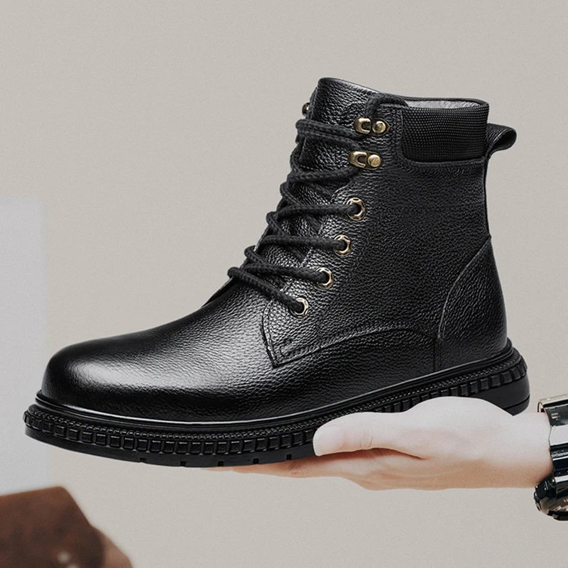 Winter Men Warm Plush Leather Boots Fashion Causal Boots Genuine Leather Shoes Comfy Durable Outsole Mens Outdoor Cowhide Boots