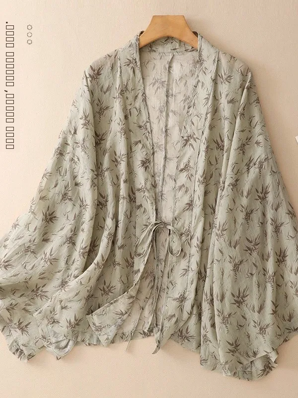 

Women's Cotton Linen irt Vintage Sle Printed Transparent Design Loose Fit Long Sve V-Ne Casual Top Korean Sle