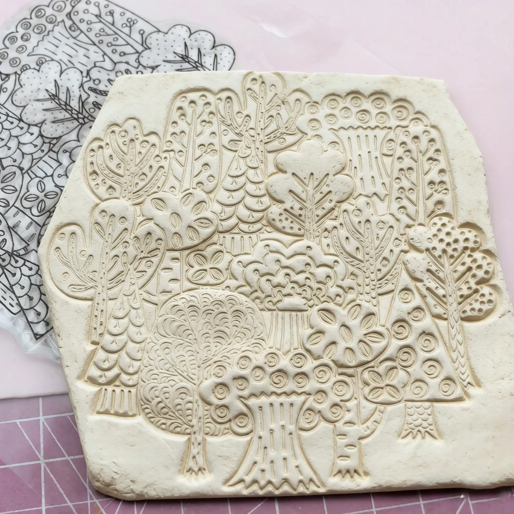 Ceramic Tile Emboss Texture Stamp Sheets Mat Cartoon Tree Pattern Polymer Clay DIY Design Embossing Art Pottery Tools Supply