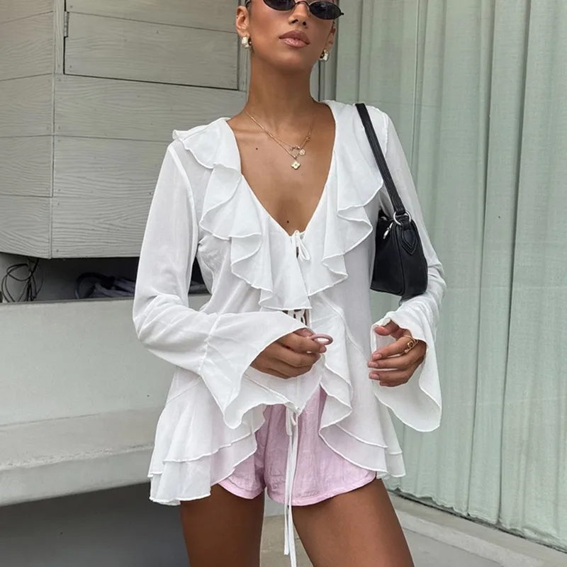 2025 New Women's Lace-up Shirt Fashion V-Neck Ruffle Long Sleeve Top White Casual Office Lady Loose Cardigan Summer Female Shirt