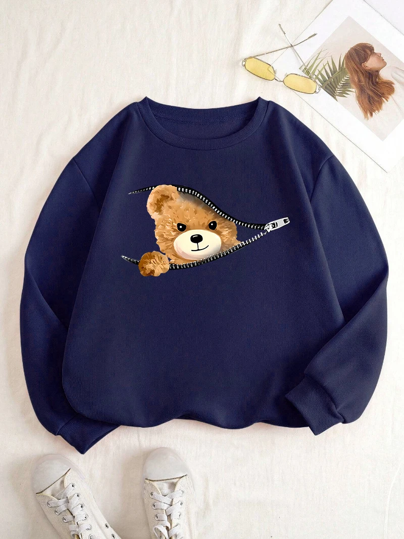 Fashion Women's Sweatshirt Kawaii Zipper Bear Prints Pullover Loose Crewneck Warm Fleece Hoodie Autumn Winter Female Streetwear