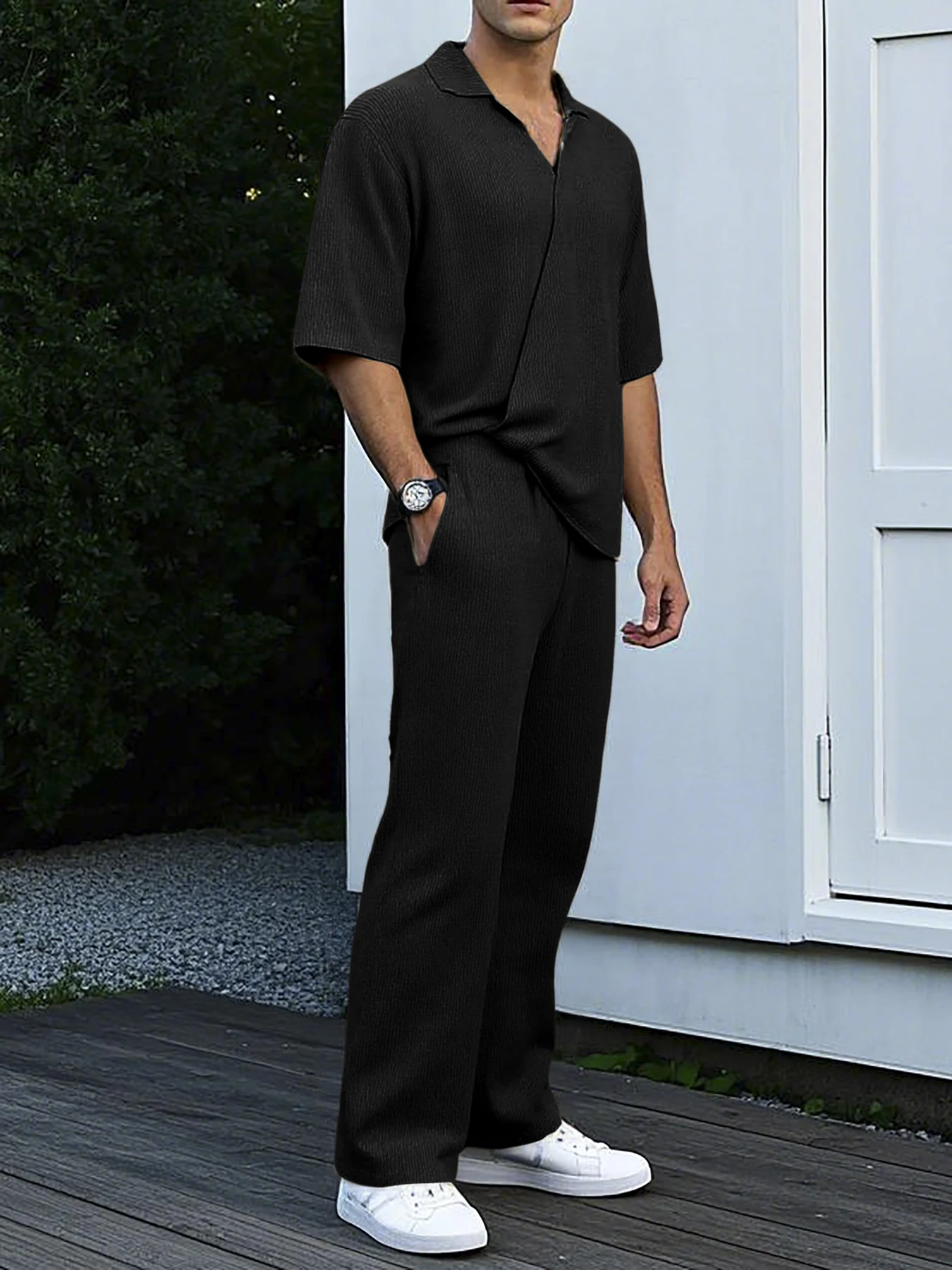 Men's suit Loose casual pants, short sleeves Spring and Autumn Daily Bubble Wrinkle Two Piece Set Hot sale Men's wear