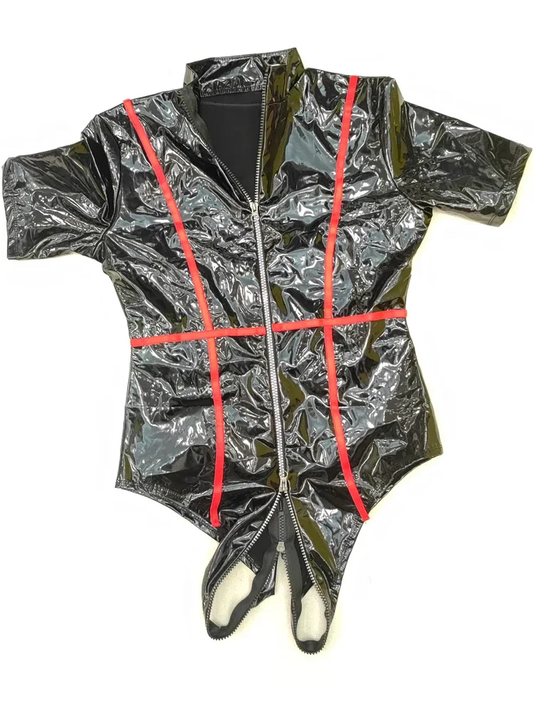 Plus Size WOmen Wet Look PVC Short Sleeve Catsuit 3 Zipper Crotch Shiny PU Leather Bodysuit Tights Cosplay Leotard Maid Teddies
