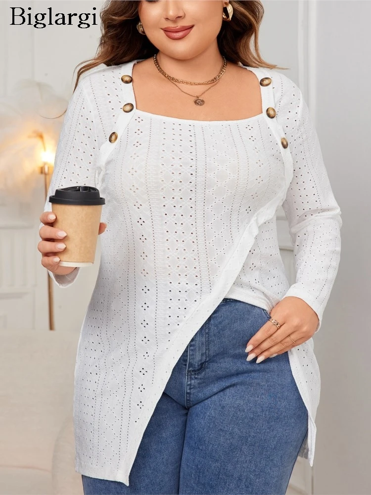 Plus Size Autumn Square Collar Tops Women Irregular Hollow Out Patchwork Modis Split Ladies Blouses Loose Long Sleeve Woman Tops