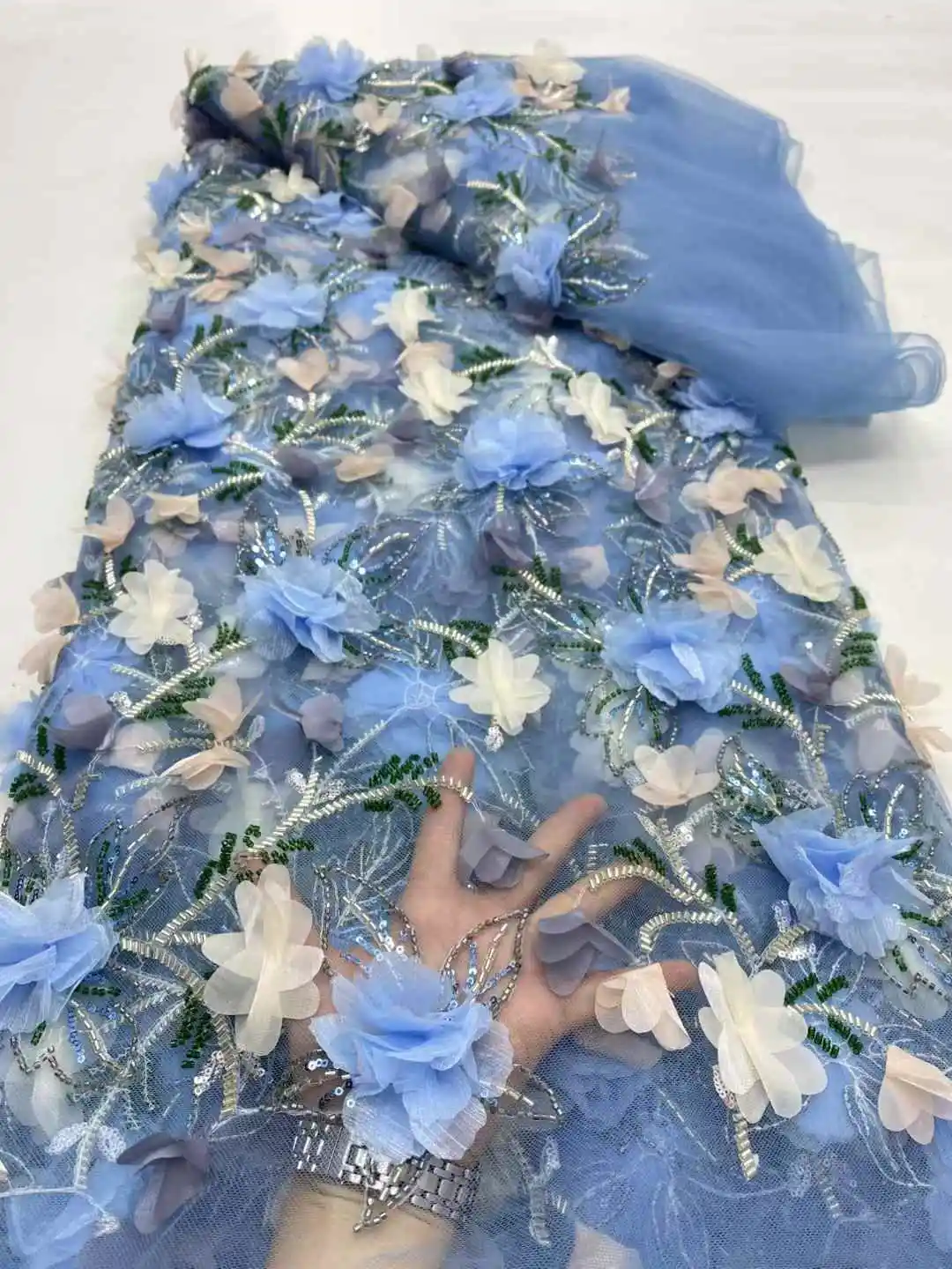 Venta al por mayor de cuentas de flores de encaje 3D, los últimos estilos de encaje africano, telas de encaje de fiesta francesa, telas de encaje nigeriano de tul para novia-DP