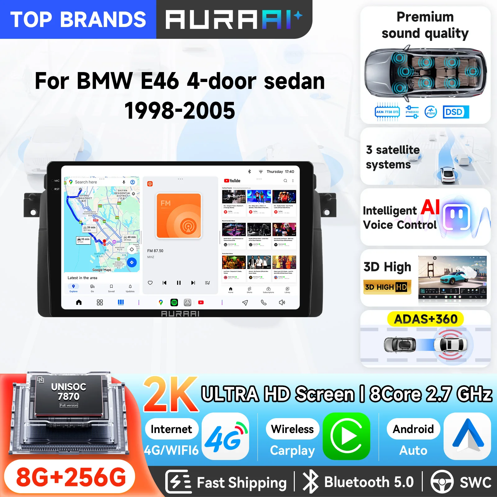 AURAAI 9 Zoll 2 Din Carplay GPS Optional 360 °   Kamera Octa Core Android 13 Autoradio für BMW E46 2000-2004 Autoradio Kabelloses Android Auto Navigation Intelligenter Bildschirm Smart Head Unit 4G