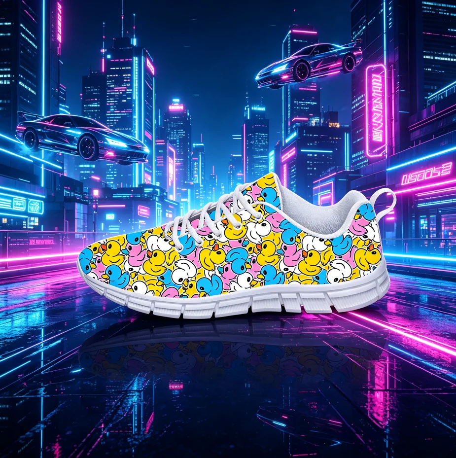 

cartoon duck all-over print sneakers, unisex design with comfort and breathability, street trend custom style for daily outdoor