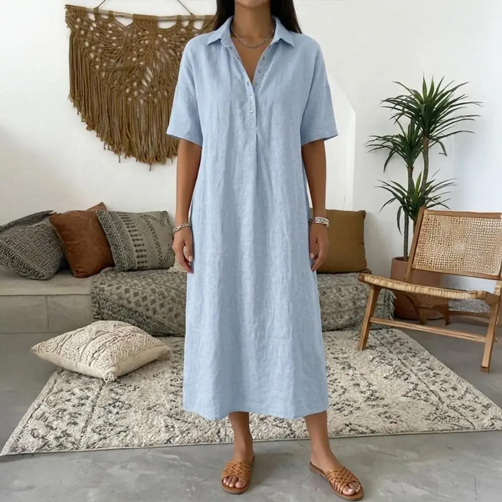 

Mid-length Dress Summer Cotton Linen Dress for Women Short Sleeve Button-up Midi Dress Casual Flowy A-line Vacation