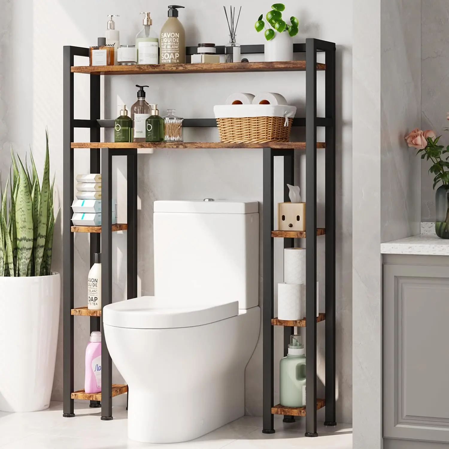 

35.5" Wide Over Toilet Storage Cabinet with Toilet Paper Holder, Freestanding Bathroom Organizer, Rustic Brown
