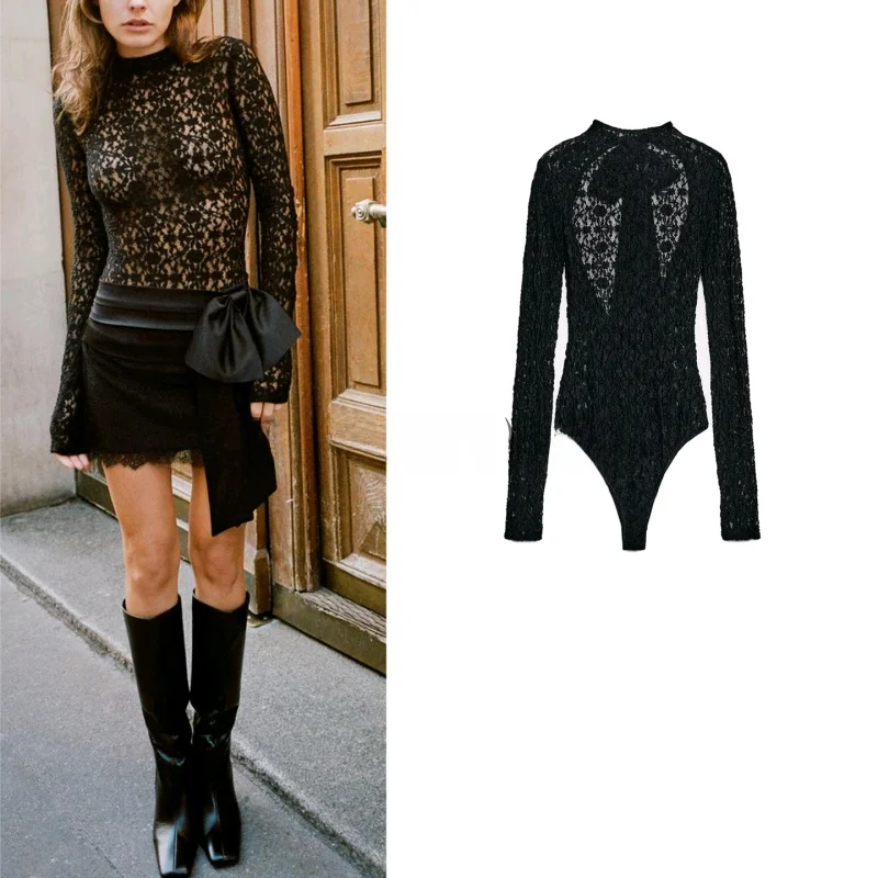 

Autumn Winter Women's round Ne Long Sve Satin Feel Knot Lace Bodysuit High Waist ort Pants Polyester Fiber