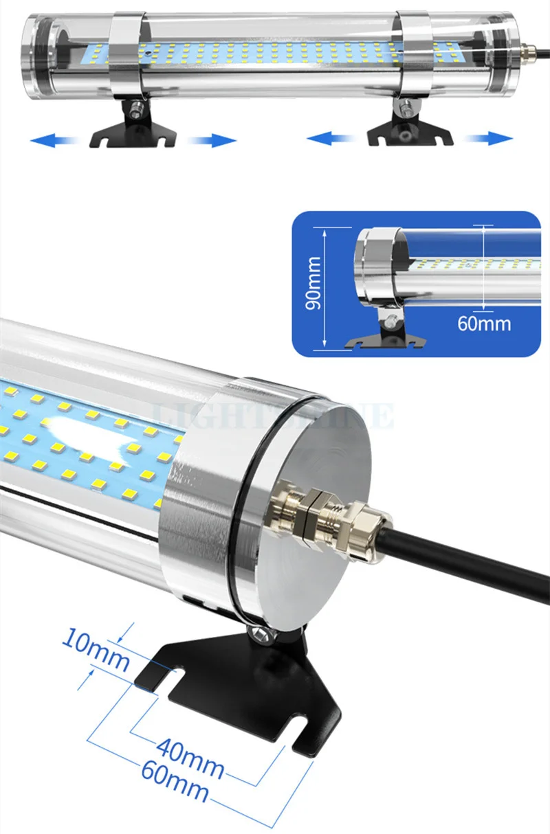 CNC Lathe Waterproof Explosion-Proof Lighting Metal side cover Triple-Proof Metal Fluorescent Lamp Transparent PC10W 24V15W 20W