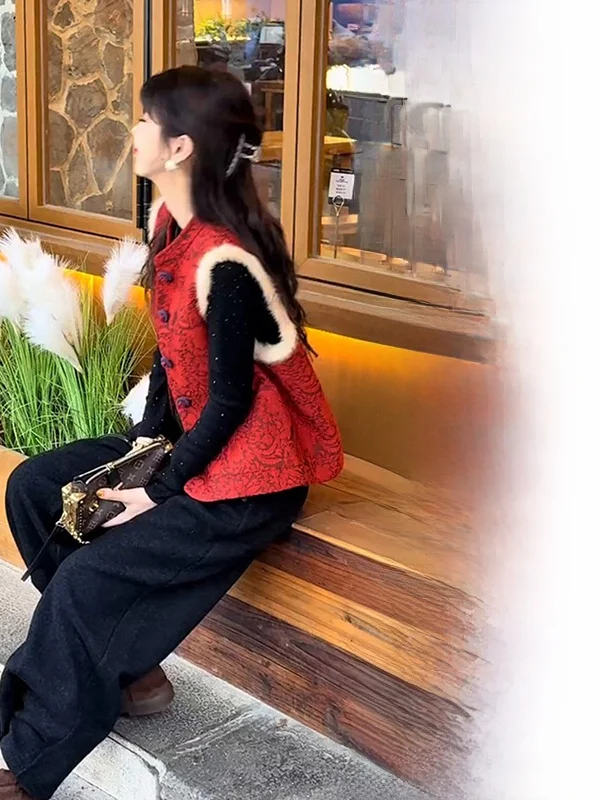 

Ele Red Oversized Chinese Sle Vest Top Svel Slimming Outerwear for plus Size Women Casual Wear Single Button Closure