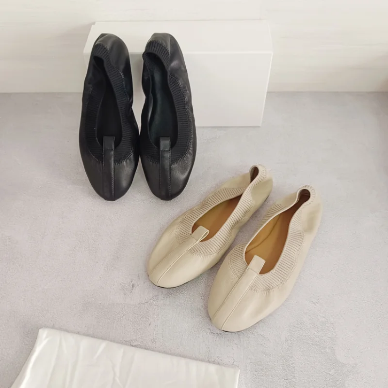 

Women Shoes Super Soft Minimalist Retro Comfortable Sheepskin Shoes Black Shallow Mouth Elastic Flat Shoes