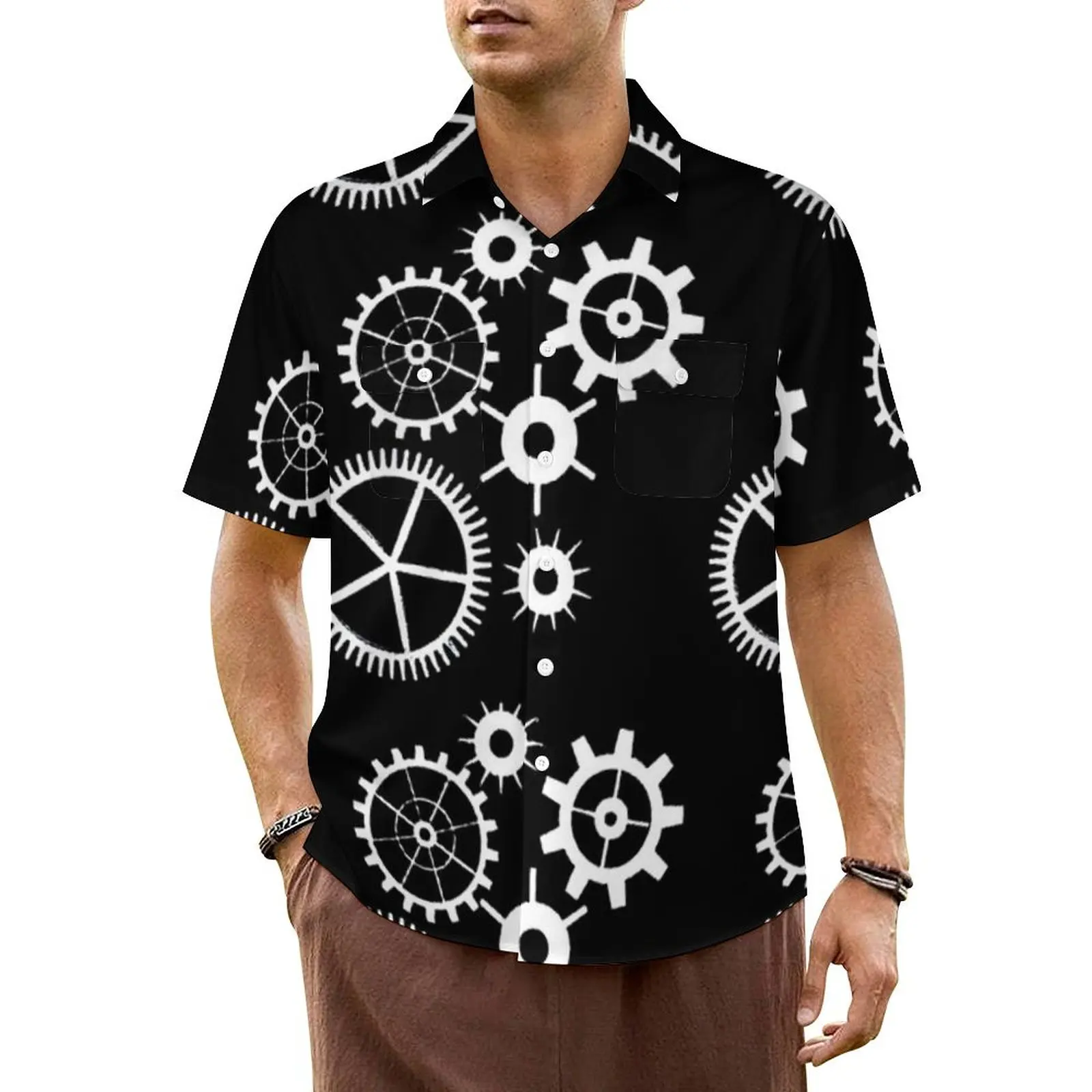 

Steampunk Black And White Casual Shirt Technology Gears Retro Hawaii Shirts Mens Short Sleeve Beach Custom DIY Oversized Blouses