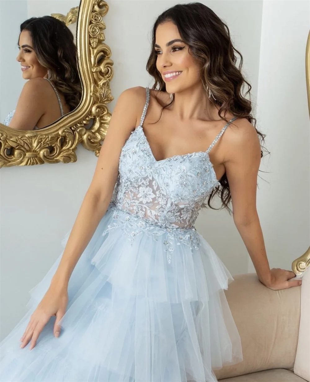 Annie Spaghetti träger hellblau Ballkleid Glitzer Stickerei Abendkleid Tüll Schichtung Party kleid فساتين للحفلات الراقteilnaht