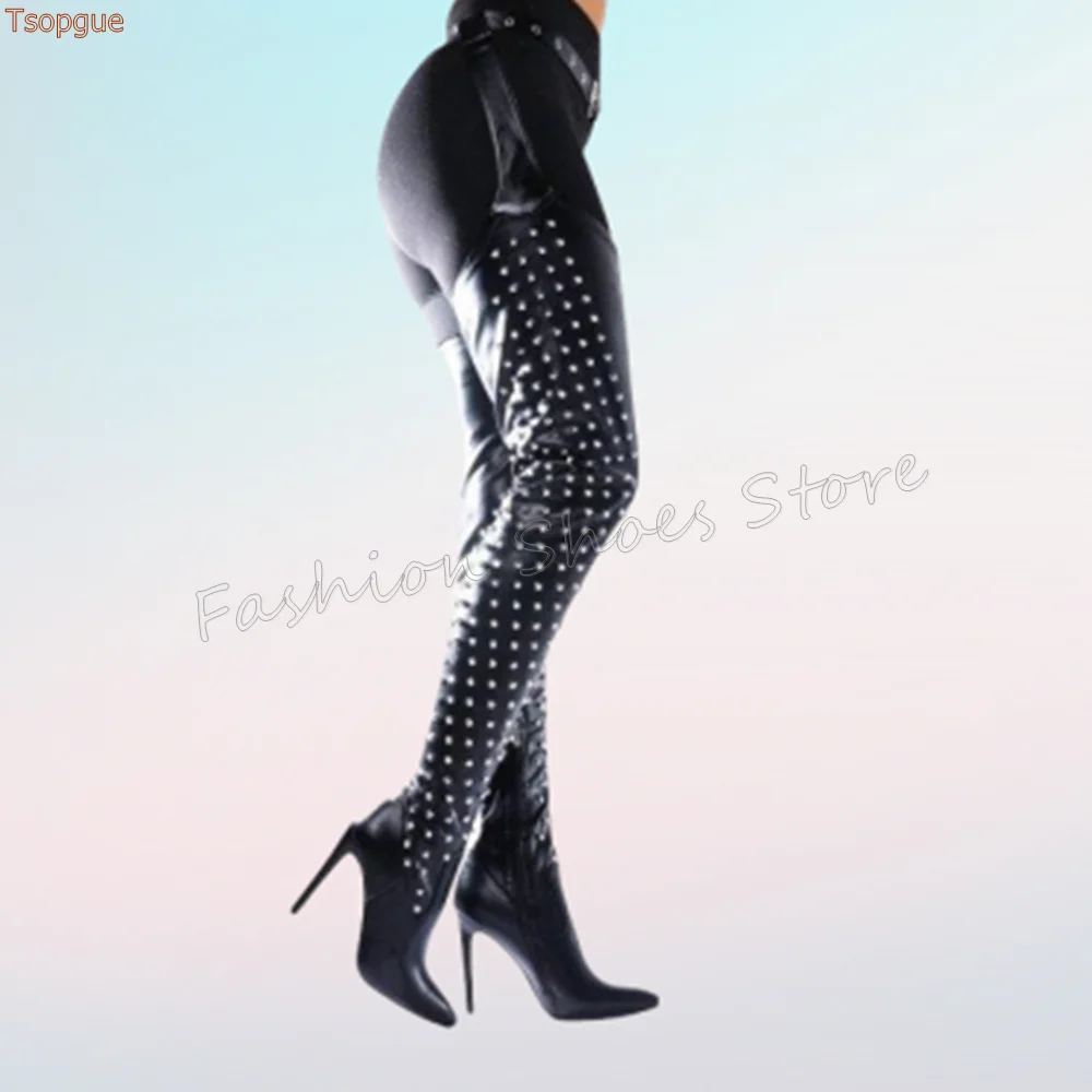 

Black Side Zipper Rivet Decor Boots Over the Knee Thin High Heels High Heel Shoes for Women Heels 2025 New Zapatos Para Mujere