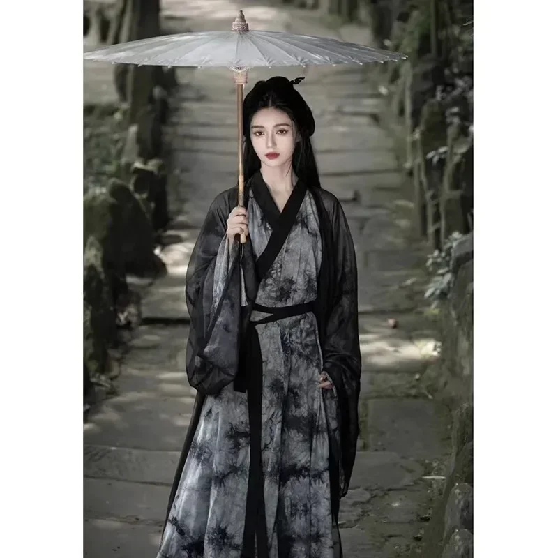 WeiJin-Vestido de princesa folclórica Hanfu de la dinastía, trajes chinos antiguos para mujer, Vestido Vintage con estampado de tinta negra, Hanfu, 2 uds., 2023