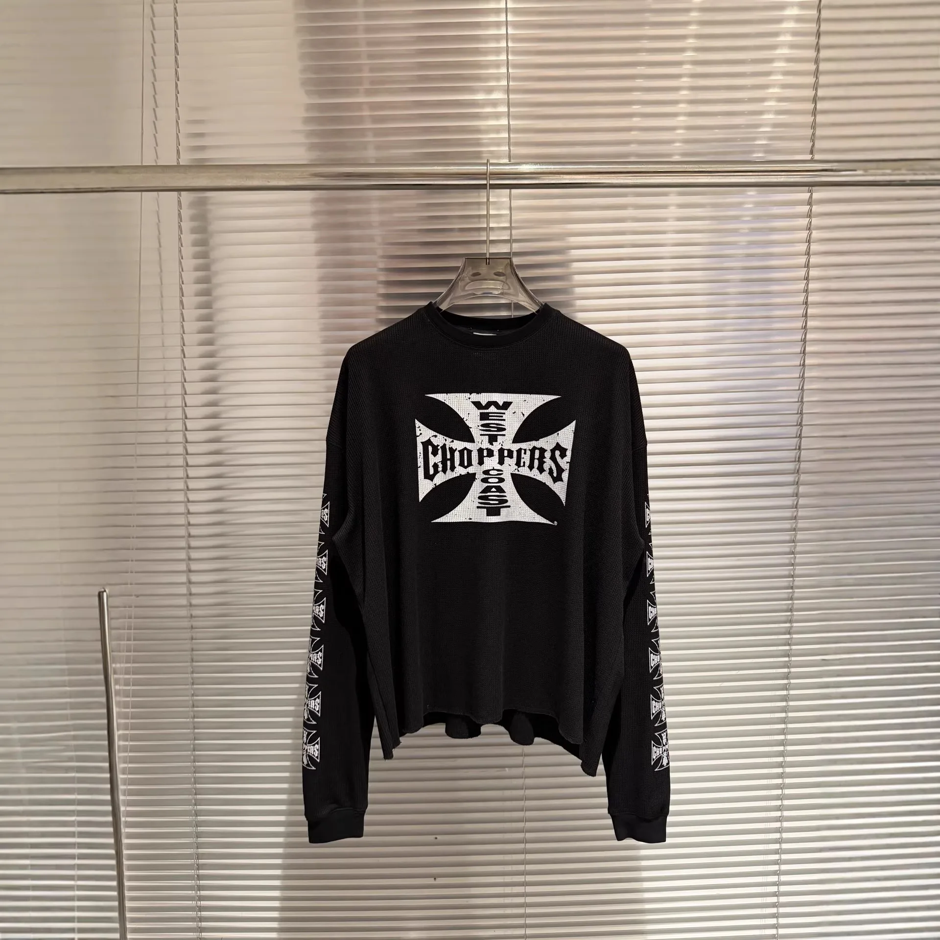 

West Coast Choppers Black Washed Vintage Patterned Vintage-style Waffle Bottom Long Sleeve Trendy