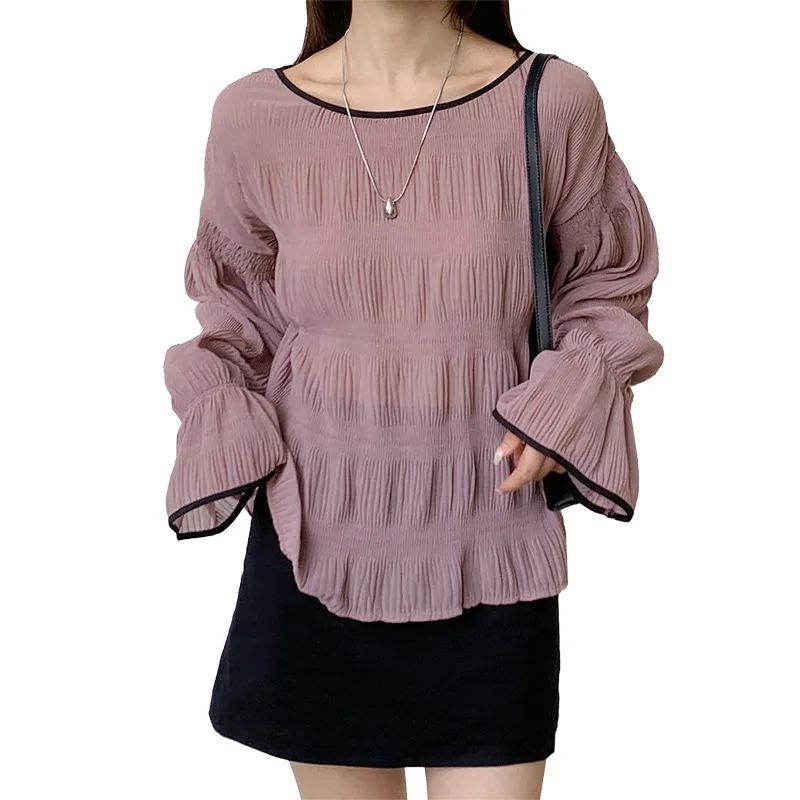 일본 라쿠텐 인스 루즈 플리츠 플레어 슬리브 쉬폰 블라우스