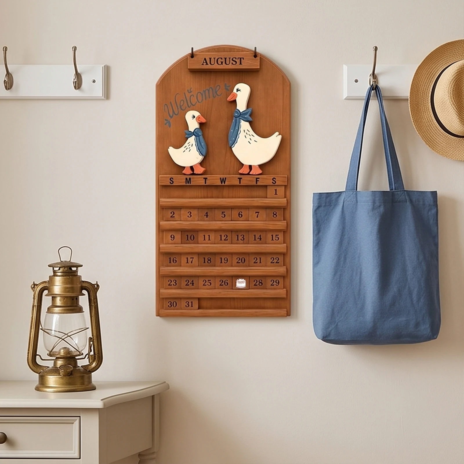 Goose Welcome Wooden Farmhouse Perpetual Wall Calendar Rustic Monthly Date Adjustable Hanging Decor