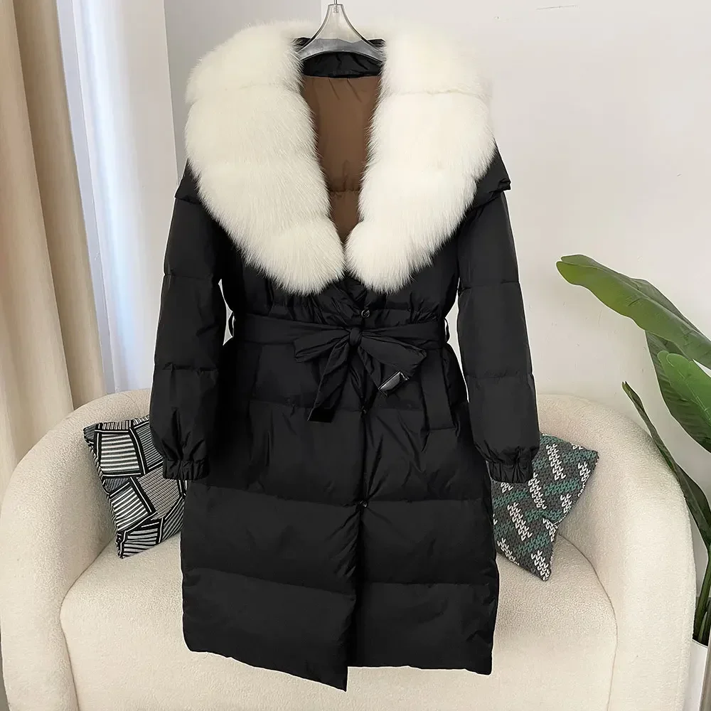 OFTBUY 2024 Fur Jacket Winter Women Natural Real Fox Raccoon Fur Collar White Duck Down Coat Thick Warm Belt Casual Outerwear