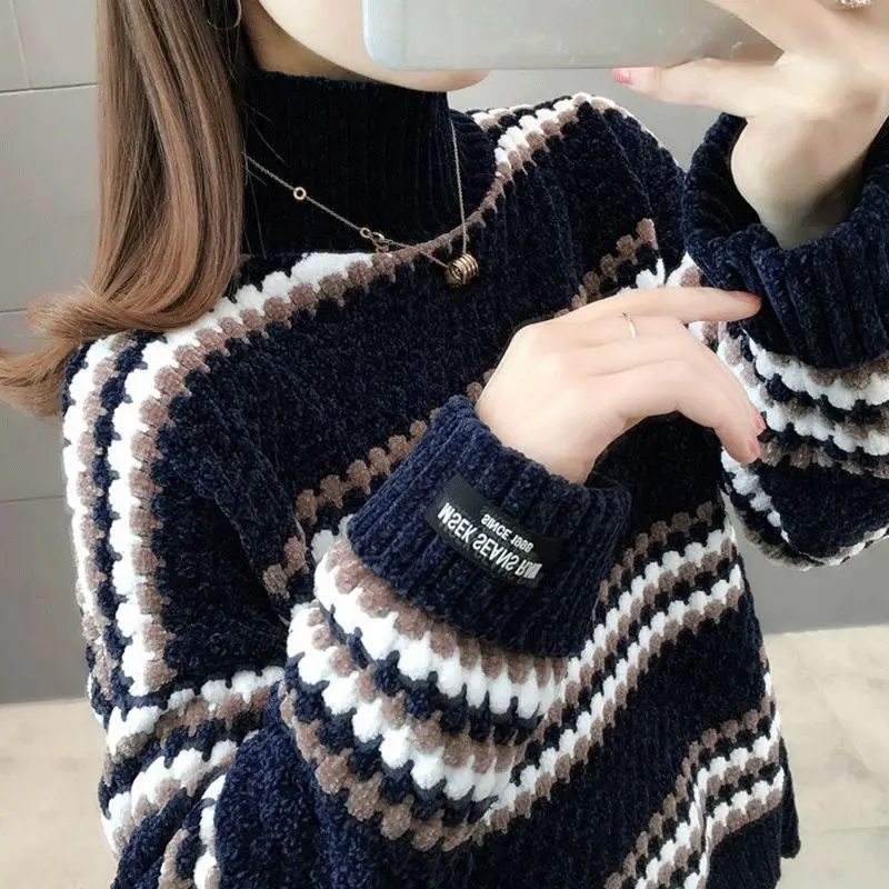 Women Autumn and Winter Korean New Turtleneck Sweater Commuting Fashion Stripes Student Wear Knit Sweater Cozy Long Sleeved Tops