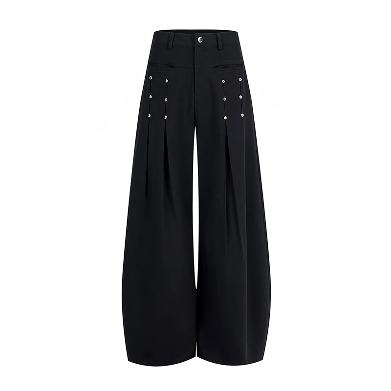 Luzhen 2025 novo nicho original rebite metal decorar design plissado calças de perna larga moda masculina cor sólida calças casuais jy3818