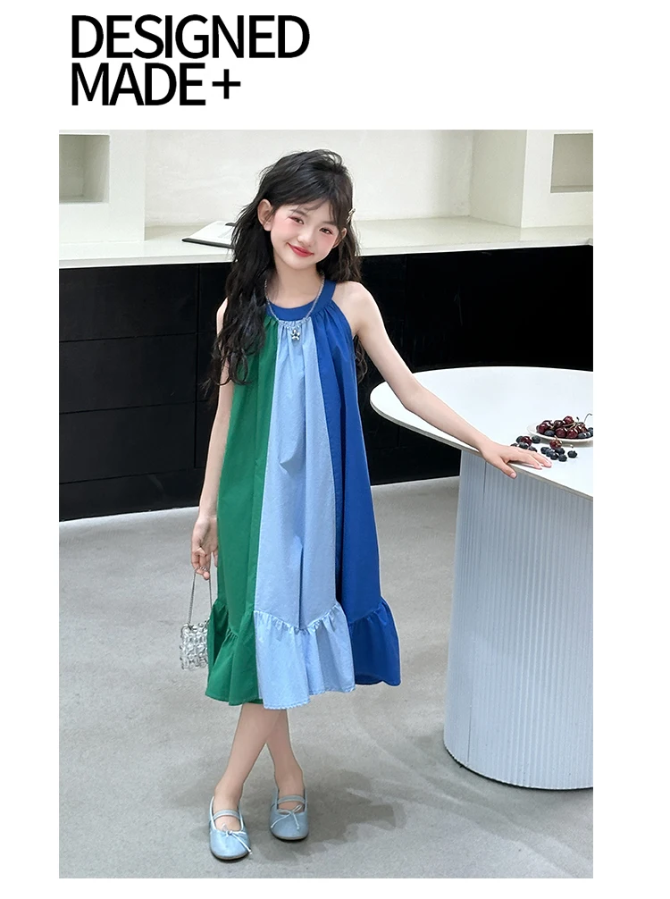 Mädchenkleid mit süßem Farbblock-Design für Sommerkostüme, Baumwolle, hohe Qualität, Kinderkleidung für Alter 7 8 9 10 12 14 Jahre – Detail 5