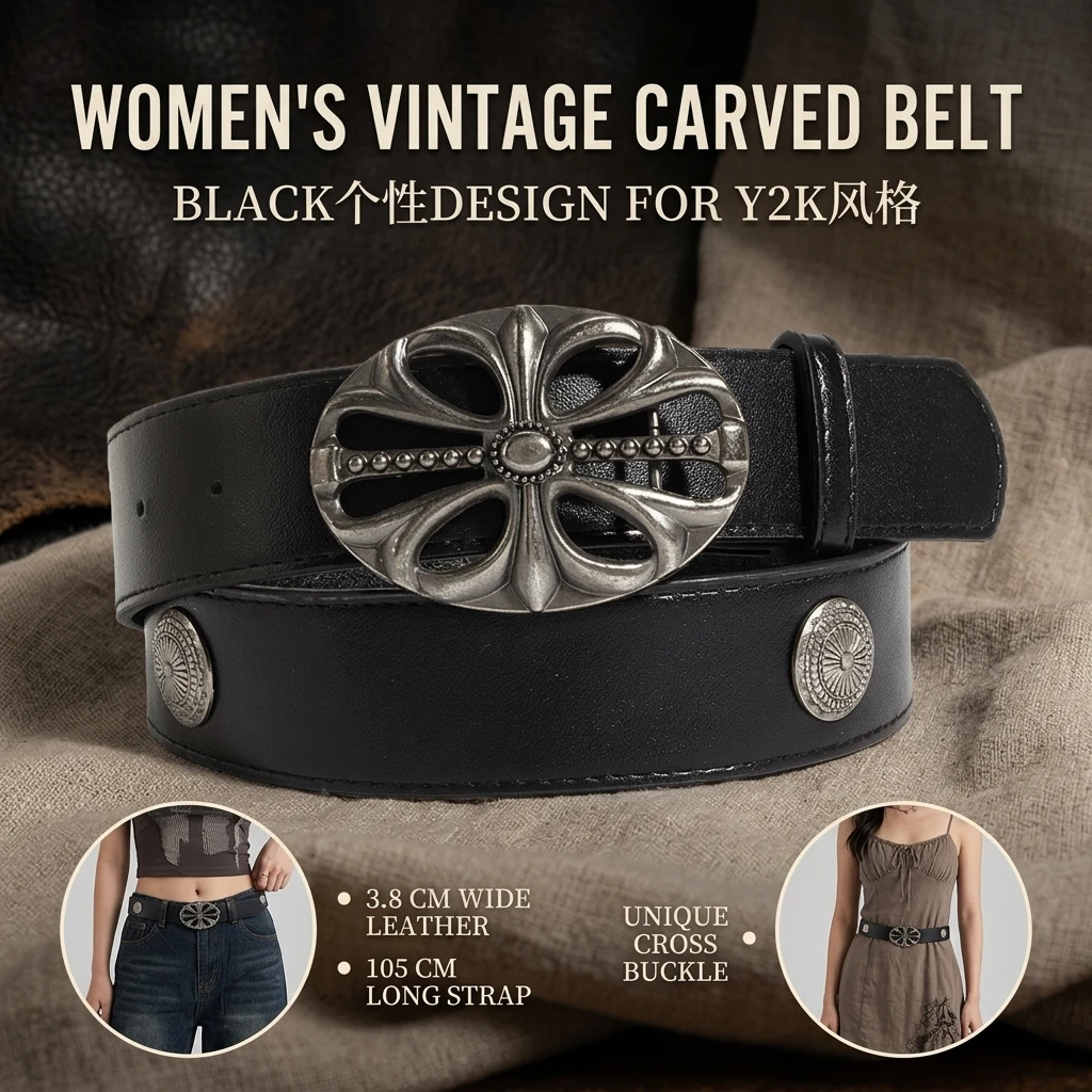Women Retro Embossed Stud Belt Y2K Style Synthetic Leather Adjustable Waist Accessory