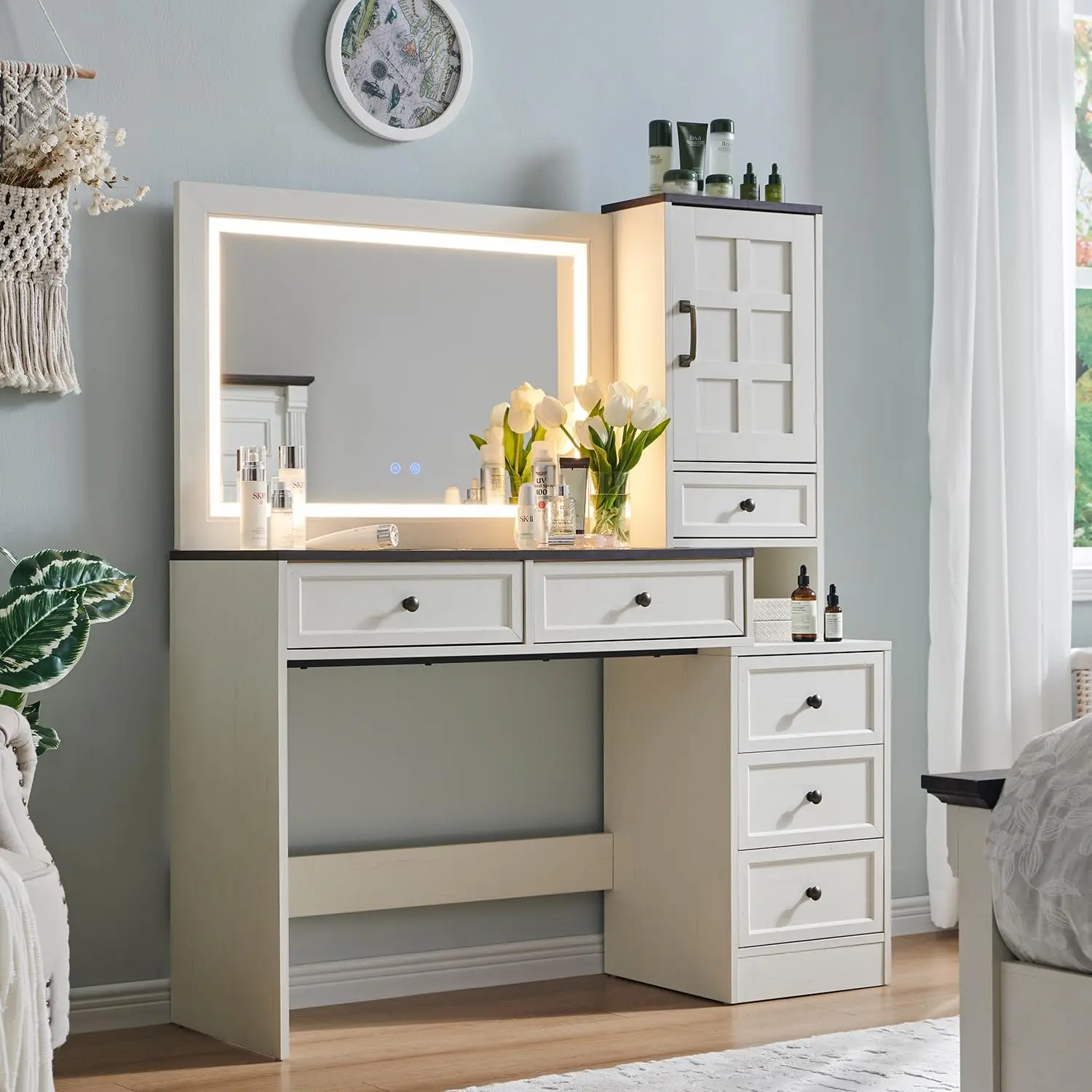 Farmhouse Vanity Desk with Touch Screen LED Mirror, 47