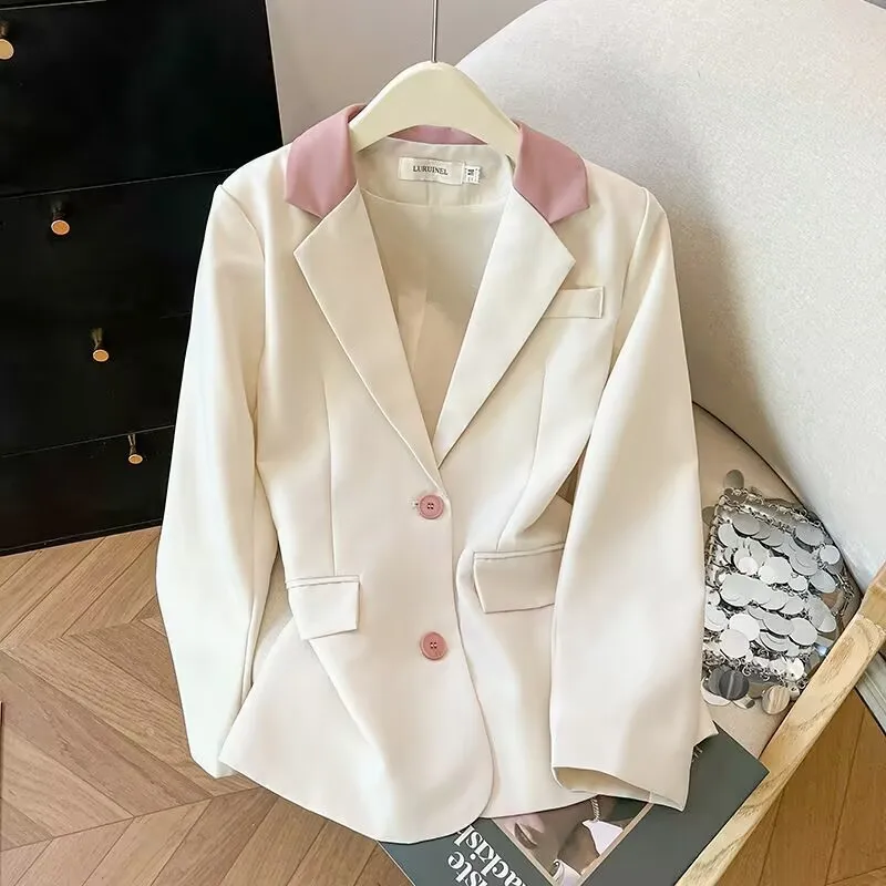 Spring Autumn Women Solid Color Blazer Outwear Femme Leisure Long Sleeves Suit Coat Korean Lady Fashion Pink Button Jacket view 3