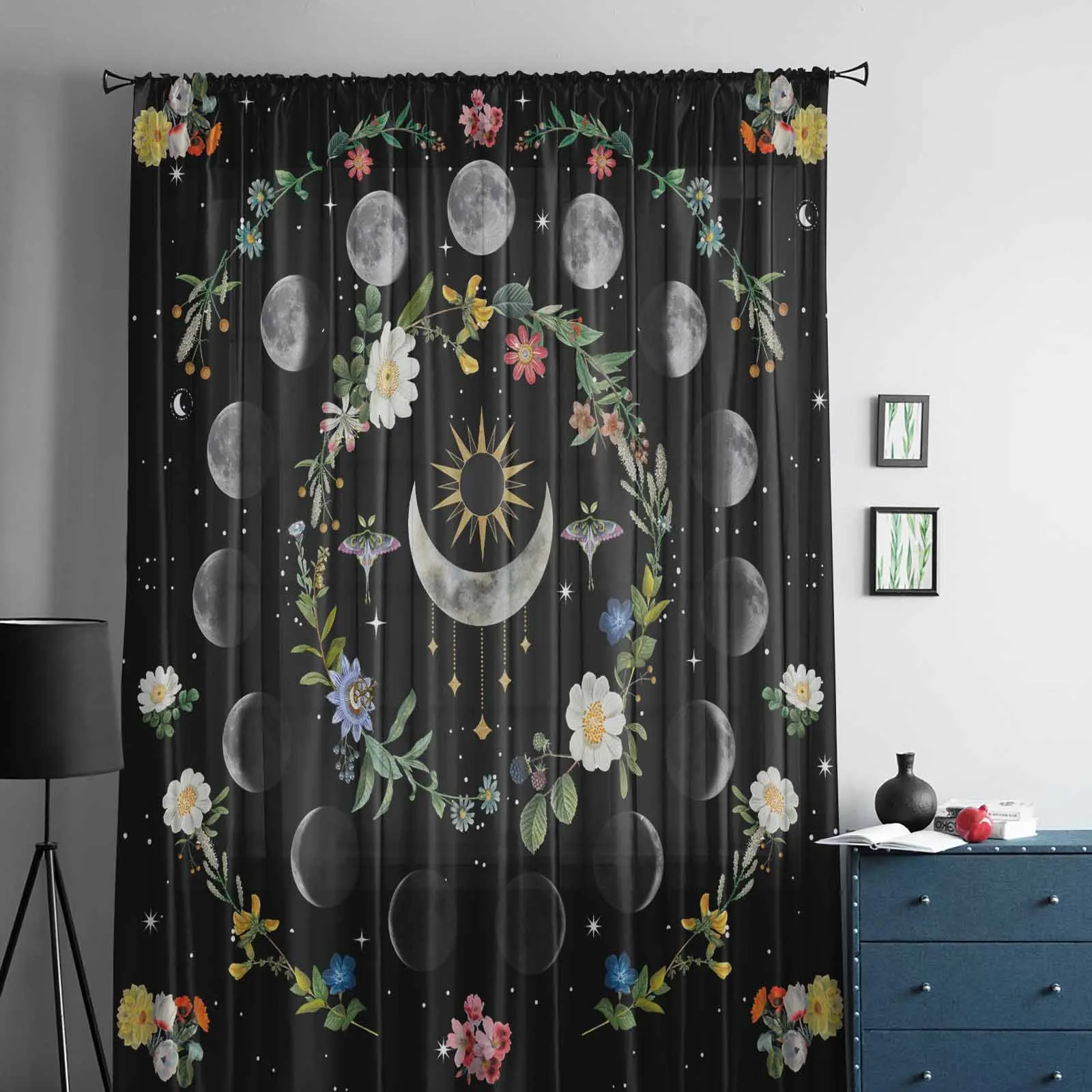 Moonlight Flower Vintage Tarot Stars Voile Sheer Curtains Living Room Window Tulle Curtain Kitchen Bedroom Drapes Home Decor