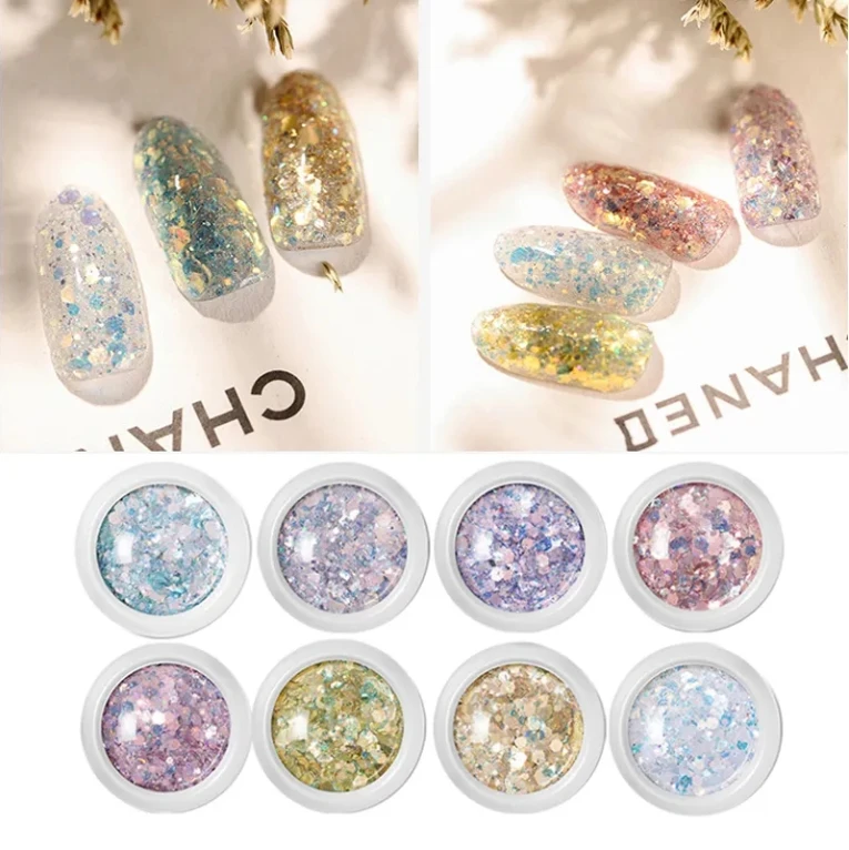 8 ألوان مسمار الفن بريق الترتر مسحوق الصباغ مسمار الفن الديكور لامعة أوبال رقائق أورورا الثلاثية الأبعاد مسحوق
