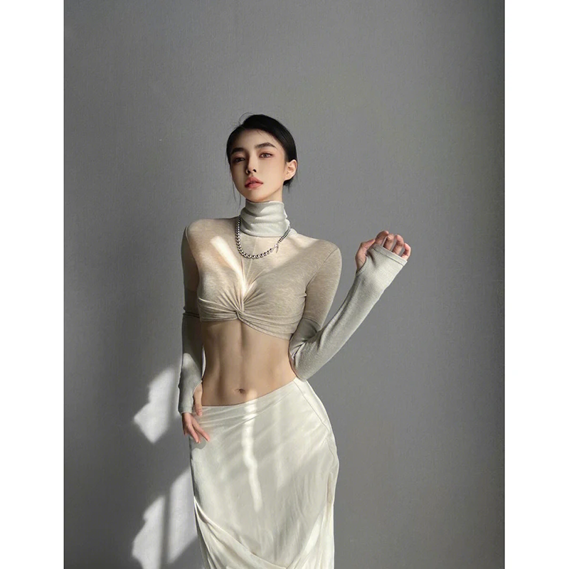 Spring and Autumn Niche Short T-shirt Sweet Hot Girl Elegant Stitching Thin Turtleneck Inner Wear Outer Wear Top Mesh Slit Skirt