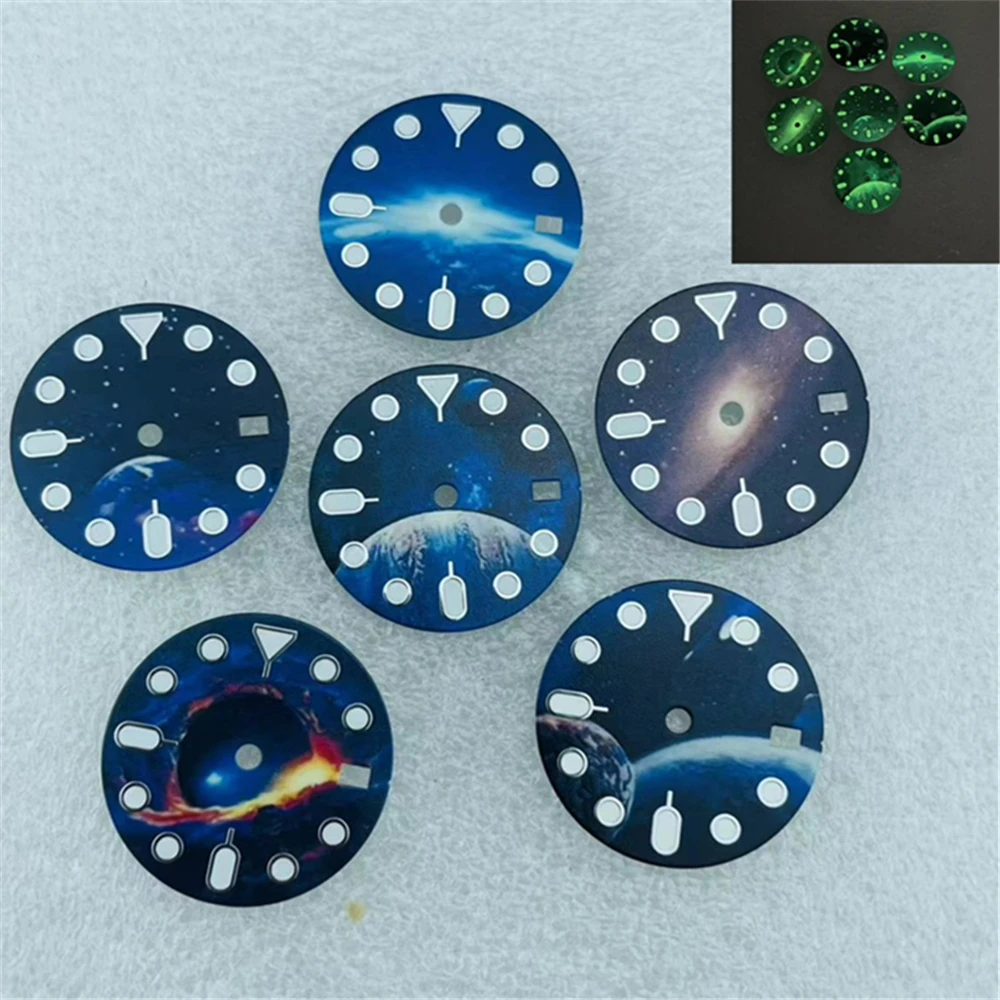 NH35 Dial 28.5mm Starry Sky Moon Surface Mechanical Watch NH34 Space Luminous Surface Watch Accessories Green Luminous
