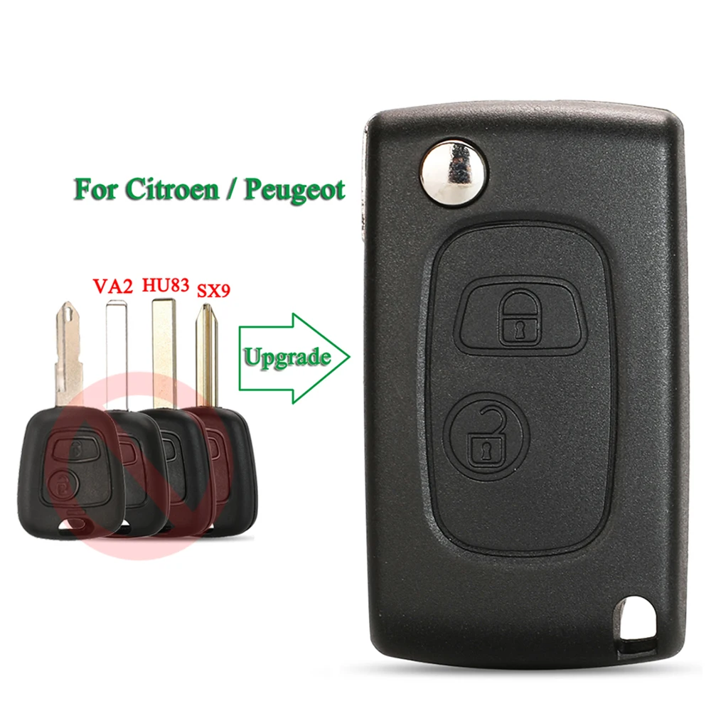 Jingyuqin Modifiziertes Klapp-Schlüsselgehäuse für Citroen C2 C3 C4 Passend für Peugeot 107 2008 HU83 VA2 SX9 Klinge 2-Tasten-Ersatz