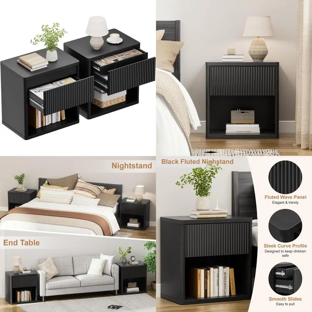 زوج من طاولات النوم ذات الأدراج المخفية باللون الأسود بعرض 22.8 بوصة مع 4 أدوات تخزين حديثة مخفية في منتصف القرن #1