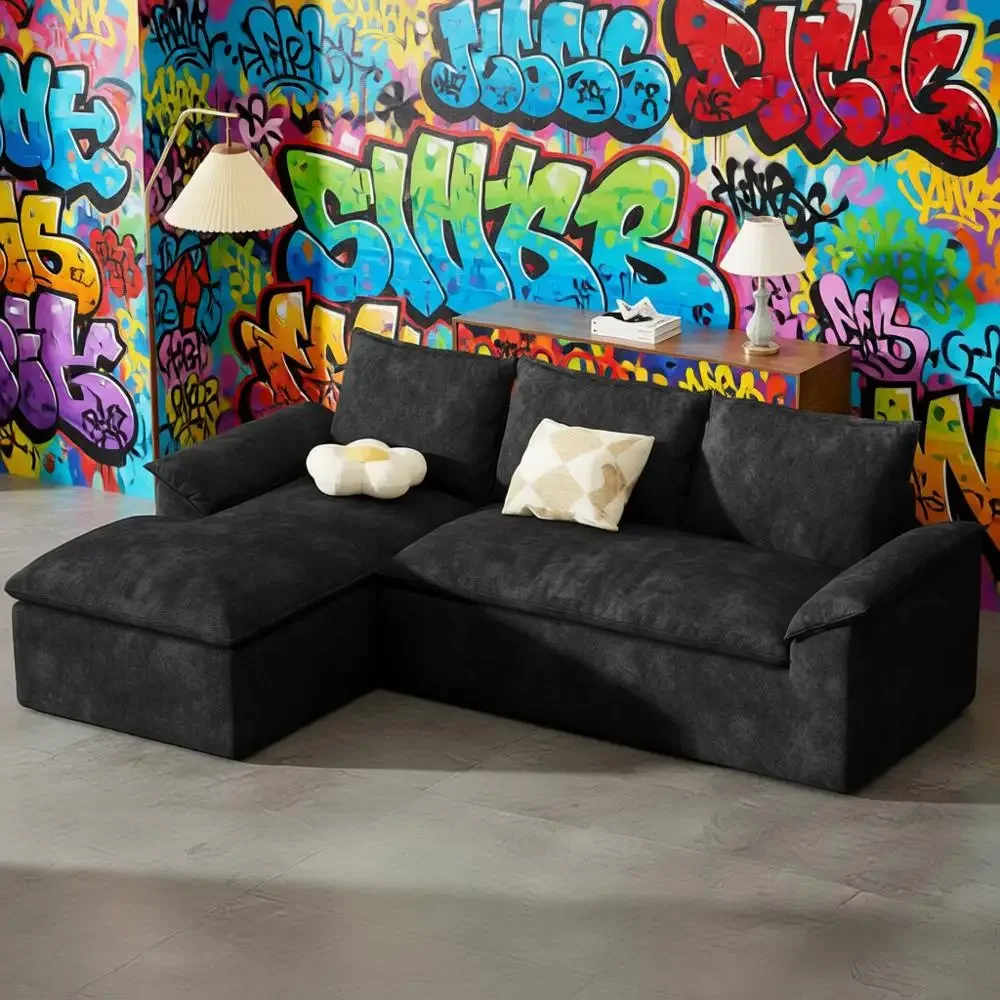 

107,5 Г-образный мягкий диван Cloud-Soft, 3-местный секционный диван с шезлонгом, глубокие сиденья, простая сборка, черная синель