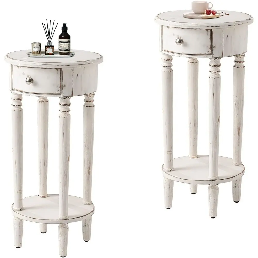 Rustic 2-Tier Round Side Table with Wooden Legs, Hand-Painted Nightstand Set for Living Room and Bedroom