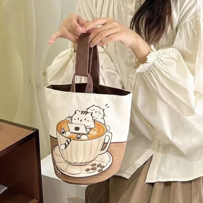 Cute Coffee Cat Canvas Bag Shopping Student Cute Bucket Handheld Bento Box Handbag Female Designer Bags Mother Kid Bags for Girl