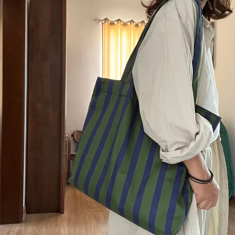 French Niche Retro Blue Green Wide Stripe Shoulder Bag Everything Lazy Cotton Large Capacity Tote Bags Women