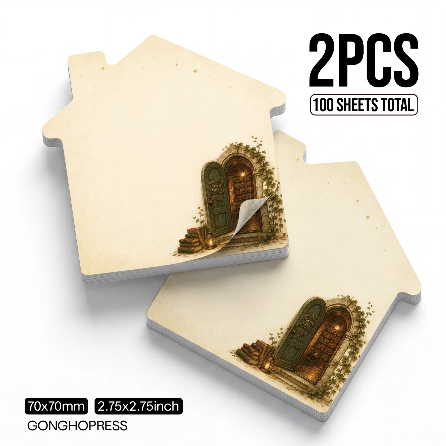 2PCS Secret Library Self Adhesive Sticky Notes 100 Sheets House Shaped Magic Door Bookshelf Fantasy Book Memo Pads Writing Remin