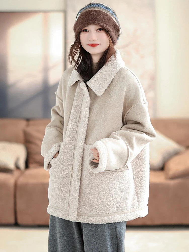 Amax LuluE European Winter Womens Fashion Warm Faux Leather Jackets Ladies Loose Casual Fur PU Coats Thicken Vintage Outerwear