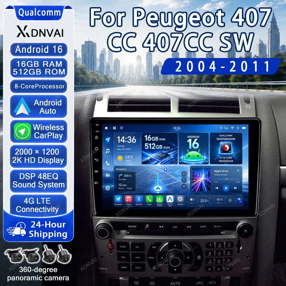 Android 16 Video Player For Peugeot 407 CC 407CC SW 2004-2011 Car Radio Multimedia Qualcomm Stereo Navigation RDS 5G WIFI GPS BT